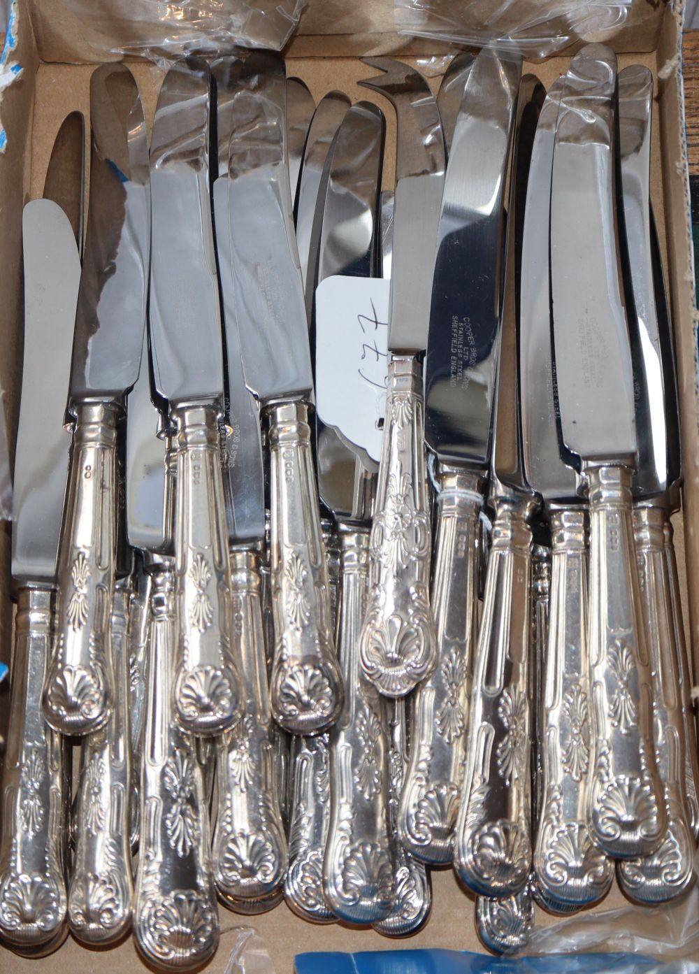 Two modern sets of six silver handled table knives and matching dessert knives